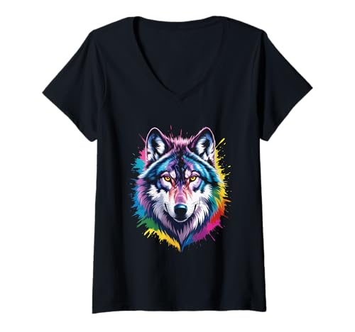 Damen wasserfarbender Fuchs im Splash Stil farbenfrohes T-Shirt mit V-Ausschnitt Damen wasserfarbender Fuchs im Splash Stil farbenfrohes T-Shirt mit V-Ausschnitt von farbige Tiere in Wasserfarben