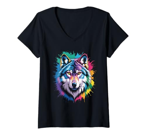 Damen wasserfarbender Fuchs im Splash Stil farbenfrohes T-Shirt mit V-Ausschnitt Damen wasserfarbender Fuchs im Splash Stil farbenfrohes T-Shirt mit V-Ausschnitt von farbige Tiere in Wasserfarben