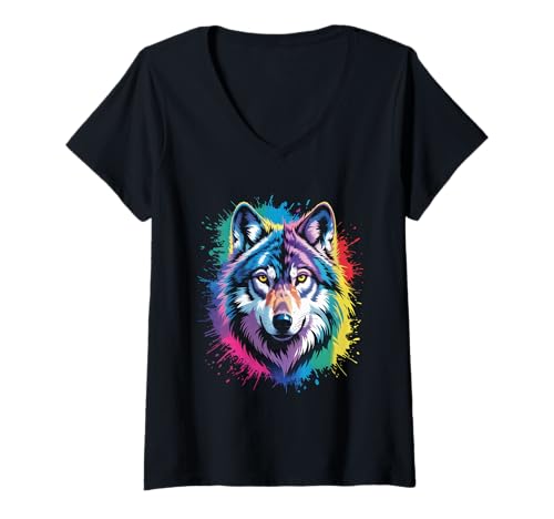 Damen wasserfarbender Fuchs im Splash Stil farbenfrohes T-Shirt mit V-Ausschnitt Damen wasserfarbender Fuchs im Splash Stil farbenfrohes T-Shirt mit V-Ausschnitt von farbige Tiere in Wasserfarben