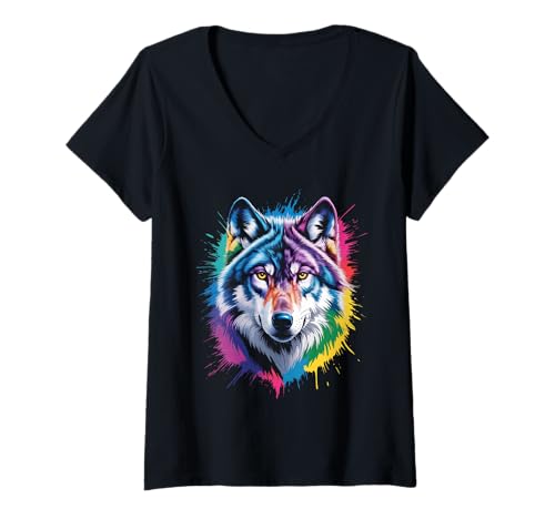 Damen wasserfarbender Fuchs im Splash Stil farbenfrohes T-Shirt mit V-Ausschnitt Damen wasserfarbender Fuchs im Splash Stil farbenfrohes T-Shirt mit V-Ausschnitt von farbige Tiere in Wasserfarben
