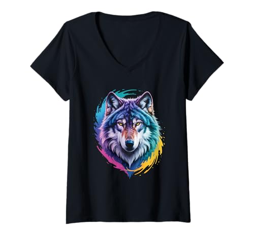 Damen wasserfarbender Fuchs im Splash Stil farbenfrohes T-Shirt mit V-Ausschnitt Damen wasserfarbender Fuchs im Splash Stil farbenfrohes T-Shirt mit V-Ausschnitt von farbige Tiere in Wasserfarben