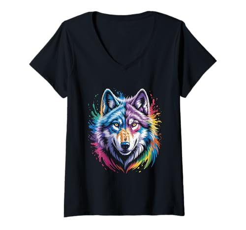 Damen wasserfarbender Fuchs im Splash Stil farbenfrohes T-Shirt mit V-Ausschnitt Damen wasserfarbender Fuchs im Splash Stil farbenfrohes T-Shirt mit V-Ausschnitt von farbige Tiere in Wasserfarben