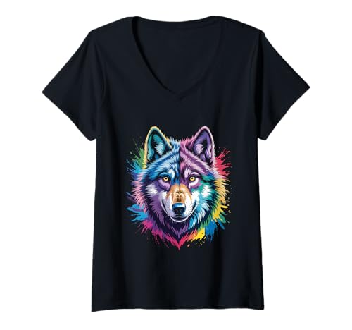 Damen wasserfarbender Fuchs im Splash Stil farbenfrohes T-Shirt mit V-Ausschnitt Damen wasserfarbender Fuchs im Splash Stil farbenfrohes T-Shirt mit V-Ausschnitt von farbige Tiere in Wasserfarben