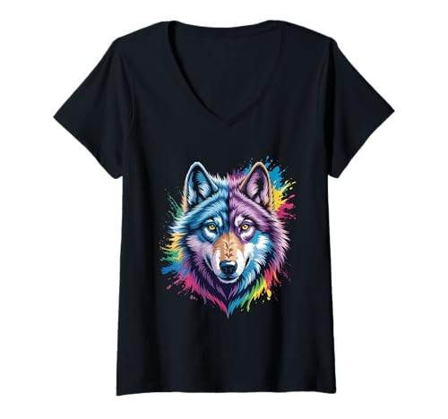 Damen wasserfarbender Fuchs im Splash Stil farbenfrohes T-Shirt mit V-Ausschnitt Damen wasserfarbender Fuchs im Splash Stil farbenfrohes T-Shirt mit V-Ausschnitt von farbige Tiere in Wasserfarben