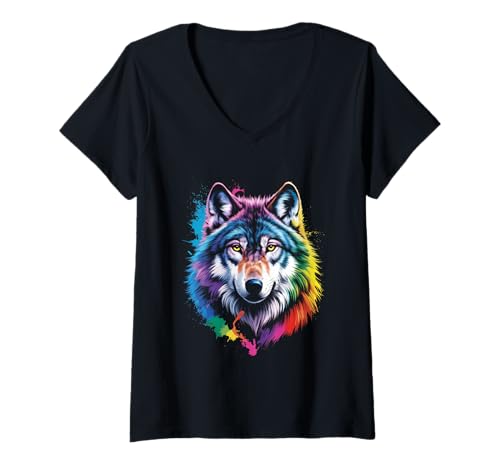 Damen wasserfarbender Fuchs im Splash Stil farbenfrohes T-Shirt mit V-Ausschnitt Damen wasserfarbender Fuchs im Splash Stil farbenfrohes T-Shirt mit V-Ausschnitt von farbige Tiere in Wasserfarben