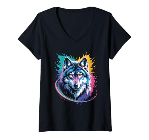 Damen wasserfarbender Fuchs im Splash Stil farbenfrohes T-Shirt mit V-Ausschnitt Damen wasserfarbender Fuchs im Splash Stil farbenfrohes T-Shirt mit V-Ausschnitt von farbige Tiere in Wasserfarben