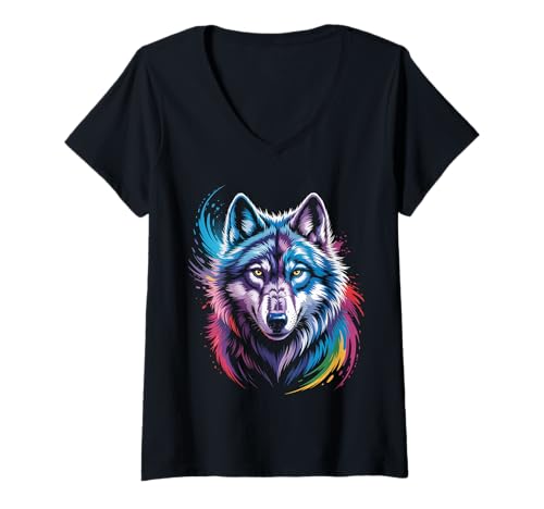 Damen wasserfarbender Fuchs im Splash Stil farbenfrohes T-Shirt mit V-Ausschnitt Damen wasserfarbender Fuchs im Splash Stil farbenfrohes T-Shirt mit V-Ausschnitt von farbige Tiere in Wasserfarben