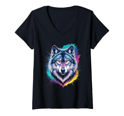 Damen wasserfarbender Fuchs im Splash Stil farbenfrohes T-Shirt mit V-Ausschnitt Damen wasserfarbender Fuchs im Splash Stil farbenfrohes T-Shirt mit V-Ausschnitt von farbige Tiere in Wasserfarben