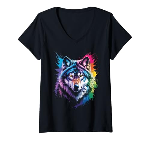 Damen wasserfarbender Fuchs im Splash Stil farbenfrohes T-Shirt mit V-Ausschnitt Damen wasserfarbender Fuchs im Splash Stil farbenfrohes T-Shirt mit V-Ausschnitt von farbige Tiere in Wasserfarben
