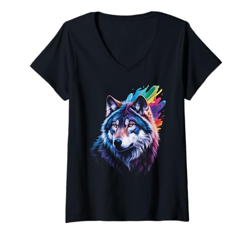 Damen wasserfarbender Fuchs im Splash Stil farbenfrohes T-Shirt mit V-Ausschnitt Damen wasserfarbender Fuchs im Splash Stil farbenfrohes T-Shirt mit V-Ausschnitt von farbige Tiere in Wasserfarben