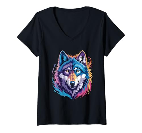 Damen wasserfarbender Fuchs im Splash Stil farbenfrohes T-Shirt mit V-Ausschnitt Damen wasserfarbender Fuchs im Splash Stil farbenfrohes T-Shirt mit V-Ausschnitt von farbige Tiere in Wasserfarben