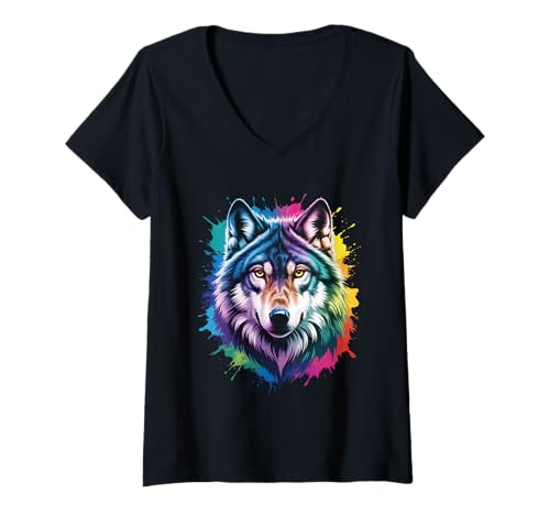 Damen wasserfarbender Fuchs im Splash Stil farbenfrohes T-Shirt mit V-Ausschnitt Damen wasserfarbender Fuchs im Splash Stil farbenfrohes T-Shirt mit V-Ausschnitt von farbige Tiere in Wasserfarben