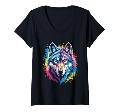 Damen wasserfarbender Fuchs im Splash Stil farbenfrohes T-Shirt mit V-Ausschnitt Damen wasserfarbender Fuchs im Splash Stil farbenfrohes T-Shirt mit V-Ausschnitt von farbige Tiere in Wasserfarben