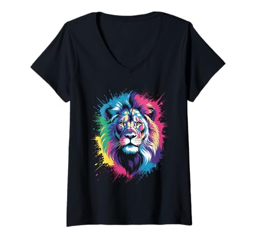 Damen wasserfarbender Löwe im Splash Stil farbenfrohes T-Shirt mit V-Ausschnitt Damen wasserfarbender Löwe im Splash Stil farbenfrohes T-Shirt mit V-Ausschnitt von farbige Tiere in Wasserfarben