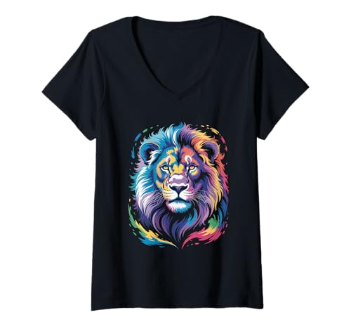 Damen wasserfarbender Löwe im Splash Stil farbenfrohes T-Shirt mit V-Ausschnitt Damen wasserfarbender Löwe im Splash Stil farbenfrohes T-Shirt mit V-Ausschnitt von farbige Tiere in Wasserfarben