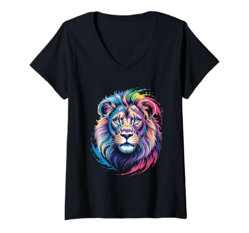 Damen wasserfarbender Löwe im Splash Stil farbenfrohes T-Shirt mit V-Ausschnitt Damen wasserfarbender Löwe im Splash Stil farbenfrohes T-Shirt mit V-Ausschnitt von farbige Tiere in Wasserfarben