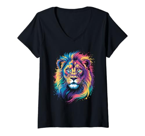 Damen wasserfarbender Löwe im Splash Stil farbenfrohes T-Shirt mit V-Ausschnitt Damen wasserfarbender Löwe im Splash Stil farbenfrohes T-Shirt mit V-Ausschnitt von farbige Tiere in Wasserfarben