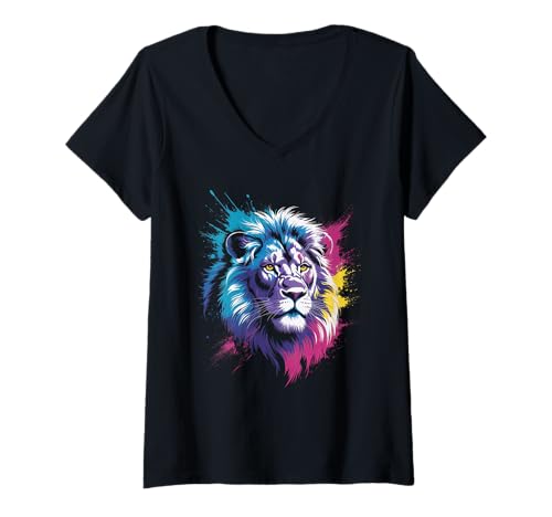 Damen wasserfarbender Löwe im Splash Stil farbenfrohes T-Shirt mit V-Ausschnitt Damen wasserfarbender Löwe im Splash Stil farbenfrohes T-Shirt mit V-Ausschnitt von farbige Tiere in Wasserfarben