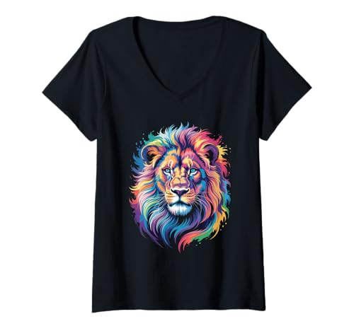 Damen wasserfarbender Löwe im Splash Stil farbenfrohes T-Shirt mit V-Ausschnitt Damen wasserfarbender Löwe im Splash Stil farbenfrohes T-Shirt mit V-Ausschnitt von farbige Tiere in Wasserfarben