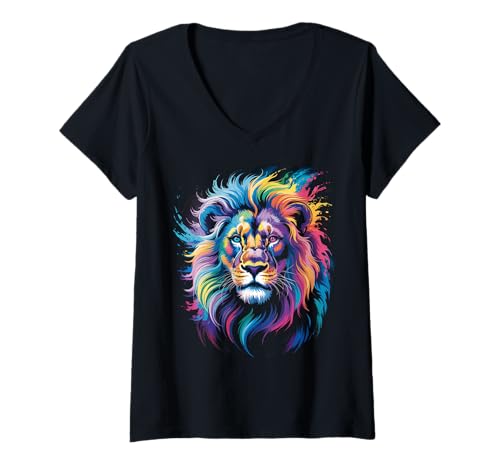 Damen wasserfarbender Löwe im Splash Stil farbenfrohes T-Shirt mit V-Ausschnitt Damen wasserfarbender Löwe im Splash Stil farbenfrohes T-Shirt mit V-Ausschnitt von farbige Tiere in Wasserfarben