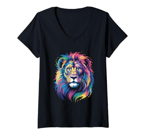 Damen wasserfarbender Löwe im Splash Stil farbenfrohes T-Shirt mit V-Ausschnitt Damen wasserfarbender Löwe im Splash Stil farbenfrohes T-Shirt mit V-Ausschnitt von farbige Tiere in Wasserfarben