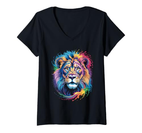 Damen wasserfarbender Löwe im Splash Stil farbenfrohes T-Shirt mit V-Ausschnitt Damen wasserfarbender Löwe im Splash Stil farbenfrohes T-Shirt mit V-Ausschnitt von farbige Tiere in Wasserfarben