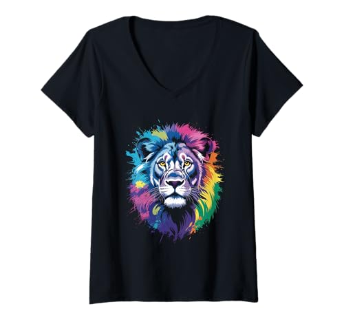 Damen wasserfarbender Löwe im Splash Stil farbenfrohes T-Shirt mit V-Ausschnitt Damen wasserfarbender Löwe im Splash Stil farbenfrohes T-Shirt mit V-Ausschnitt von farbige Tiere in Wasserfarben