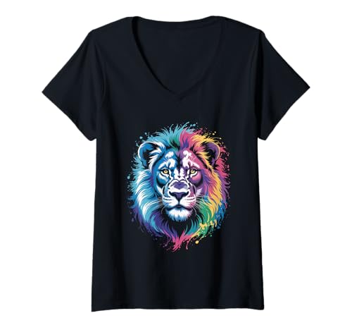 Damen wasserfarbender Löwe im Splash Stil farbenfrohes T-Shirt mit V-Ausschnitt Damen wasserfarbender Löwe im Splash Stil farbenfrohes T-Shirt mit V-Ausschnitt von farbige Tiere in Wasserfarben