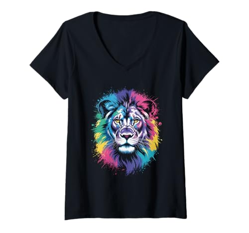 Damen wasserfarbender Löwe im Splash Stil farbenfrohes T-Shirt mit V-Ausschnitt Damen wasserfarbender Löwe im Splash Stil farbenfrohes T-Shirt mit V-Ausschnitt von farbige Tiere in Wasserfarben