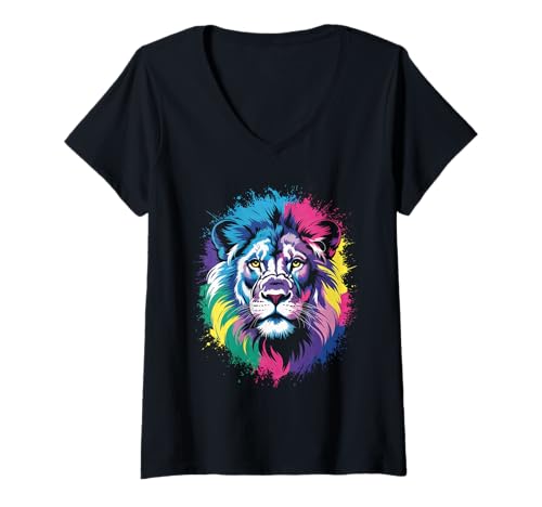 Damen wasserfarbender Löwe im Splash Stil farbenfrohes T-Shirt mit V-Ausschnitt Damen wasserfarbender Löwe im Splash Stil farbenfrohes T-Shirt mit V-Ausschnitt von farbige Tiere in Wasserfarben