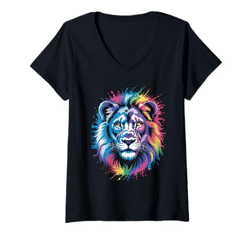 Damen wasserfarbender Löwe im Splash Stil farbenfrohes T-Shirt mit V-Ausschnitt Damen wasserfarbender Löwe im Splash Stil farbenfrohes T-Shirt mit V-Ausschnitt von farbige Tiere in Wasserfarben