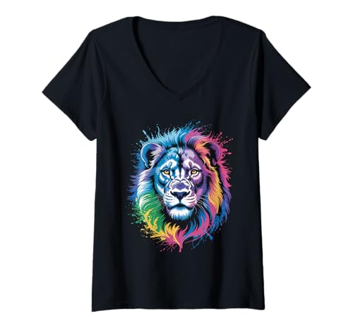 Damen wasserfarbender Löwe im Splash Stil farbenfrohes T-Shirt mit V-Ausschnitt Damen wasserfarbender Löwe im Splash Stil farbenfrohes T-Shirt mit V-Ausschnitt von farbige Tiere in Wasserfarben