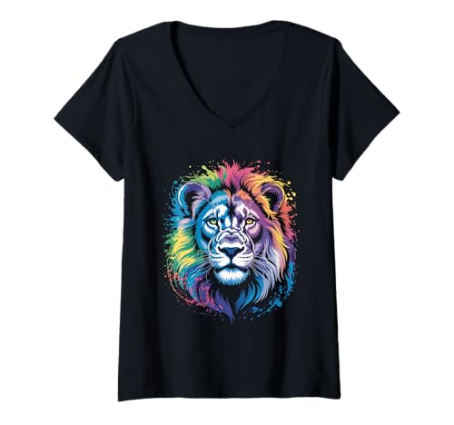 Damen wasserfarbender Löwe im Splash Stil farbenfrohes T-Shirt mit V-Ausschnitt Damen wasserfarbender Löwe im Splash Stil farbenfrohes T-Shirt mit V-Ausschnitt von farbige Tiere in Wasserfarben