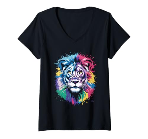 Damen wasserfarbender Löwe im Splash Stil farbenfrohes T-Shirt mit V-Ausschnitt Damen wasserfarbender Löwe im Splash Stil farbenfrohes T-Shirt mit V-Ausschnitt von farbige Tiere in Wasserfarben