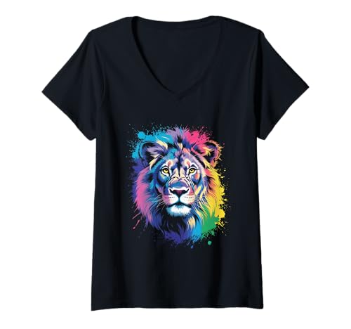 Damen wasserfarbender Löwe im Splash Stil farbenfrohes T-Shirt mit V-Ausschnitt Damen wasserfarbender Löwe im Splash Stil farbenfrohes T-Shirt mit V-Ausschnitt von farbige Tiere in Wasserfarben