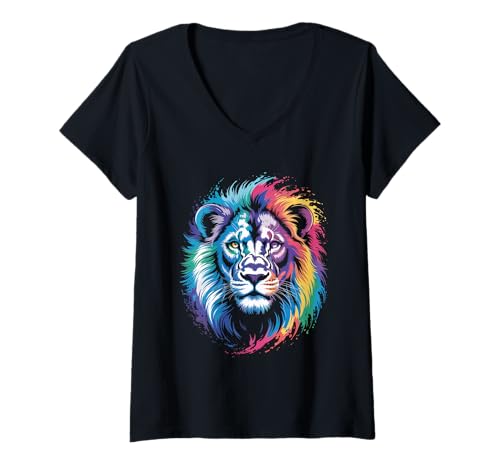 Damen wasserfarbender Löwe im Splash Stil farbenfrohes T-Shirt mit V-Ausschnitt Damen wasserfarbender Löwe im Splash Stil farbenfrohes T-Shirt mit V-Ausschnitt von farbige Tiere in Wasserfarben