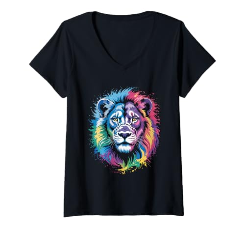 Damen wasserfarbender Löwe im Splash Stil farbenfrohes T-Shirt mit V-Ausschnitt Damen wasserfarbender Löwe im Splash Stil farbenfrohes T-Shirt mit V-Ausschnitt von farbige Tiere in Wasserfarben