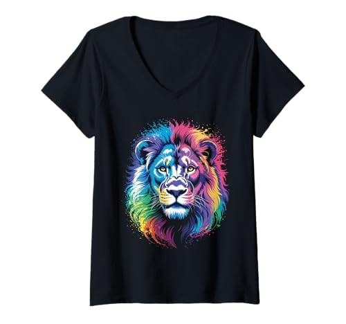 Damen wasserfarbender Löwe im Splash Stil farbenfrohes T-Shirt mit V-Ausschnitt Damen wasserfarbender Löwe im Splash Stil farbenfrohes T-Shirt mit V-Ausschnitt von farbige Tiere in Wasserfarben