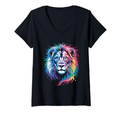 Damen wasserfarbender Löwe im Splash Stil farbenfrohes T-Shirt mit V-Ausschnitt Damen wasserfarbender Löwe im Splash Stil farbenfrohes T-Shirt mit V-Ausschnitt von farbige Tiere in Wasserfarben