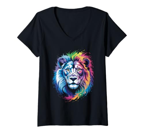 Damen wasserfarbender Löwe im Splash Stil farbenfrohes T-Shirt mit V-Ausschnitt Damen wasserfarbender Löwe im Splash Stil farbenfrohes T-Shirt mit V-Ausschnitt von farbige Tiere in Wasserfarben