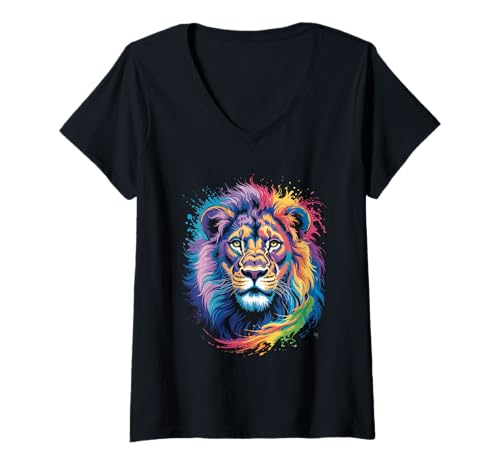 Damen wasserfarbender Löwe im Splash Stil farbenfrohes T-Shirt mit V-Ausschnitt Damen wasserfarbender Löwe im Splash Stil farbenfrohes T-Shirt mit V-Ausschnitt von farbige Tiere in Wasserfarben