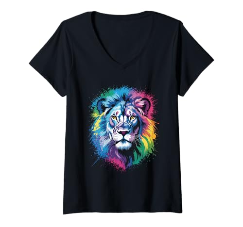 Damen wasserfarbender Löwe im Splash Stil farbenfrohes T-Shirt mit V-Ausschnitt Damen wasserfarbender Löwe im Splash Stil farbenfrohes T-Shirt mit V-Ausschnitt von farbige Tiere in Wasserfarben