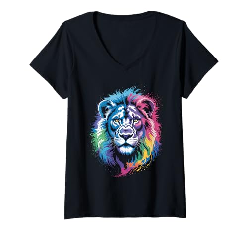 Damen wasserfarbender Löwe im Splash Stil farbenfrohes T-Shirt mit V-Ausschnitt Damen wasserfarbender Löwe im Splash Stil farbenfrohes T-Shirt mit V-Ausschnitt von farbige Tiere in Wasserfarben
