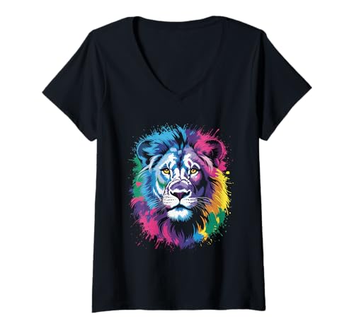 Damen wasserfarbender Löwe im Splash Stil farbenfrohes T-Shirt mit V-Ausschnitt Damen wasserfarbender Löwe im Splash Stil farbenfrohes T-Shirt mit V-Ausschnitt von farbige Tiere in Wasserfarben