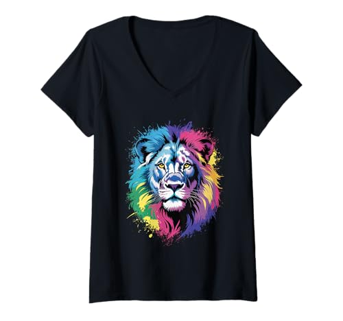 Damen wasserfarbender Löwe im Splash Stil farbenfrohes T-Shirt mit V-Ausschnitt Damen wasserfarbender Löwe im Splash Stil farbenfrohes T-Shirt mit V-Ausschnitt von farbige Tiere in Wasserfarben