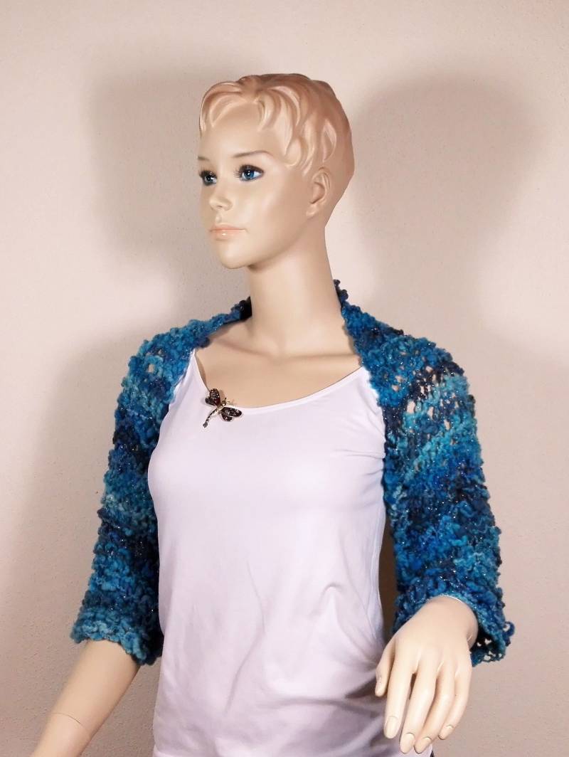 Bolero, Blau-Töne Mit Silberfaden, Grobstrick Aus Handgesponnener Merinowolle, Größe S von faserkunst