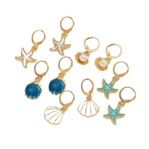5 Paar New Ocean Style Anhänger Ohrringe Imitation Perle Jakobsmuschel Seestern Muschel Tropfen Ohrringe Legierung Karte Ohrringe Damen, M, Metall, Kein Edelstein von fashiirow