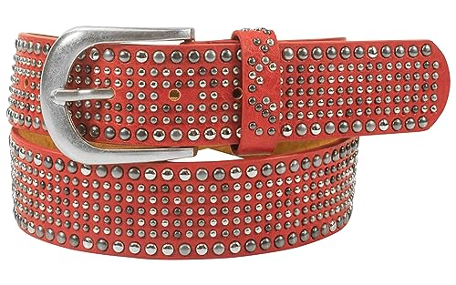 Damengürtel mit Nieten, Strass-Nieten-Besatz, Synthetikgürtel im Vintage-Style, Breite ca. 3,8 cm (Rot; BW100cm - Gesamtlänge 115cm) von fashionchimp