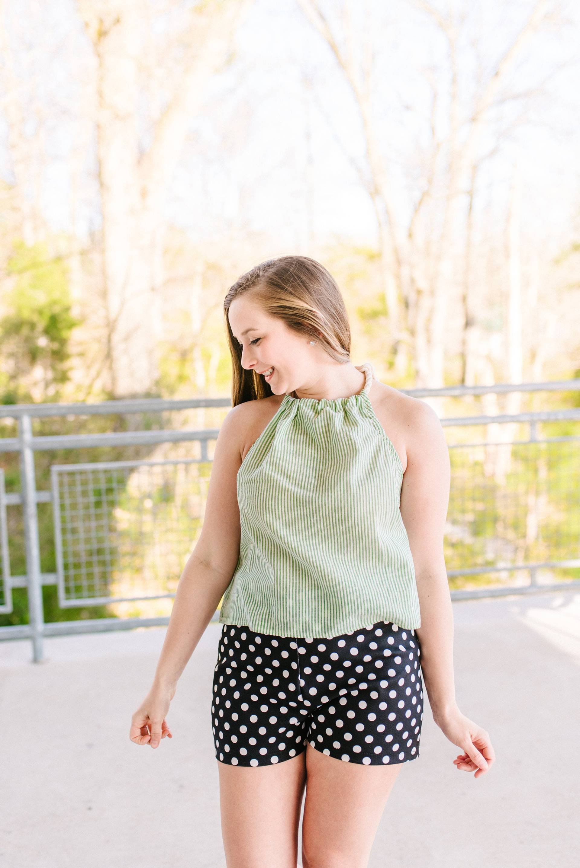 Neckholder Top Baumwolle Gestreift Seersucker Bluse Atmungsaktiv Sommer Mode Grün Und Weiß von fashionmeme