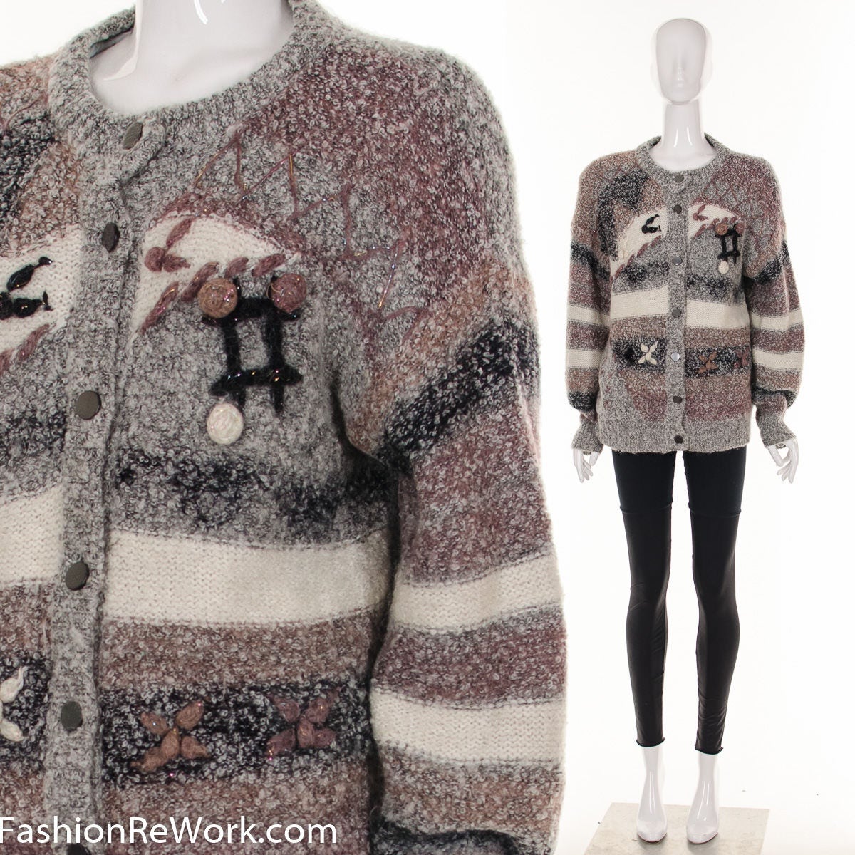 Hashtag Abstrakte Pullover Strickjacke Grau Mauve Heide Gestreift Slouchy Button Up Kunst Hand Stricken von fashionrework